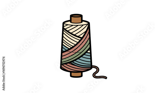 Colorful thread spool with multiple pastel hues and a loose end, hand-drawn illustration style.