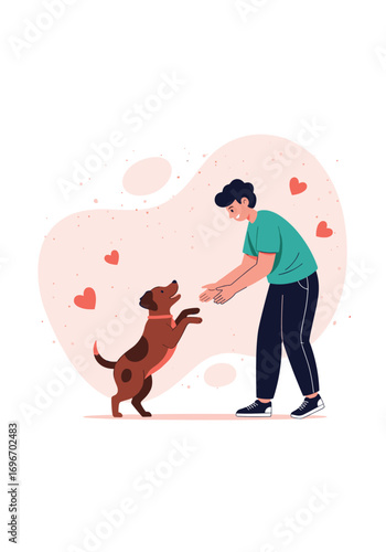 Man and dog playing together with hearts and abstract shapes floating around them