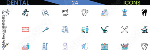 Collection of dental care icons representing tooth health and treatment tools vector