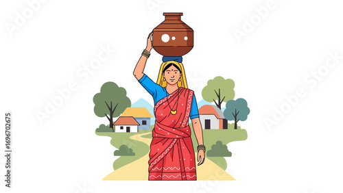 Rural Woman with Water Pot: A dignified woman, adorned in vibrant traditional attire, strolls through a rustic landscape, balancing a water pot atop her head, embodying the essence of rural life.