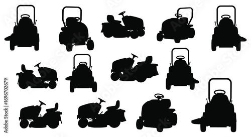 various lawn mowers displayed in grid formation silhouette