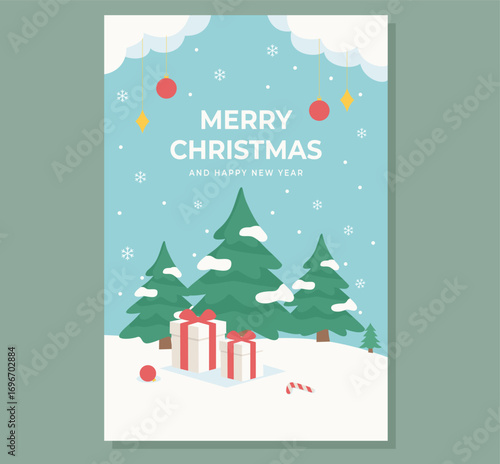 Christmas poster holiday card with snow, gift boxes and pine trees