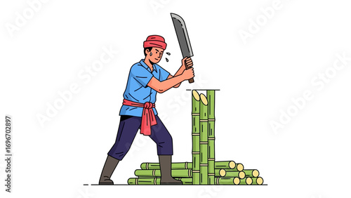 Man Cutting Sugar Cane: An illustration captures a man meticulously cutting sugar cane with a large blade, illustrating the precision and dedication required in manual labor.