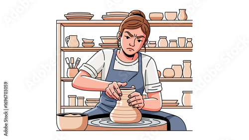 The Potter at Work: A focused artisan expertly shapes clay on a pottery wheel in a well-lit workshop, surrounded by shelves of completed stoneware.