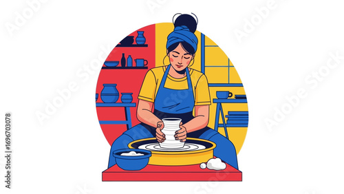 Woman crafting on a pottery wheel: A focused craftswoman skillfully shapes clay on a pottery wheel, embodying the essence of artistry, creativity.