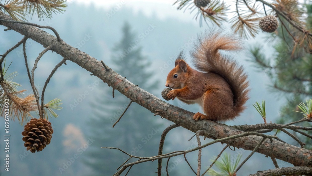 Obraz premium a red squirrel sits on a branch and eats a nut.