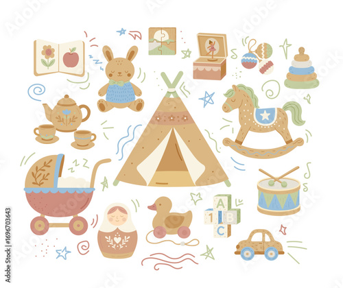 Scandinavian Baby Toys Clipart Set – Hygge Wooden Rocking Horse, Nursery Decor, Cozy Flat Vector Illustration for Kids Products, Posters, Packaging and Baby Shower Design