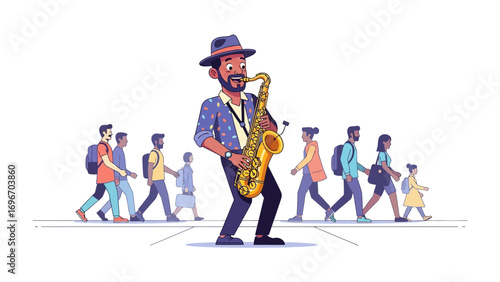 Saxophone Serenade Amidst the Crowd: A spirited street musician serenades the urban backdrop, creating a harmonious blend of music and bustling city life.