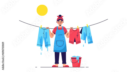 Household Chores: A cartoon illustrates a woman diligently hanging laundry on a clothesline, bathed in the warm sunlight, showcasing domesticity in a vibrant, animated style.