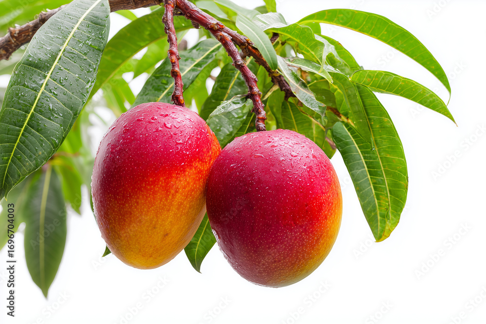 Obraz premium Ripe mangoes hanging from a tree branch with green leaves and natural blush. A tropical fruit scene symbolizing sweetness, harvest, and seasonal abundance, isolated on white background. 