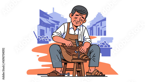 Artisan's Craft: A craftsman meticulously works on a sandal, demonstrating his skilled craftsmanship, evoking the charm of handmade artistry.
