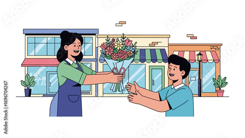 Flower Gift Exchange: A heartwarming scene unfolds as a lady joyfully presents a vibrant bouquet of flowers to a young man. Illustrated in a colorful style, the scene embodies happiness, connection.