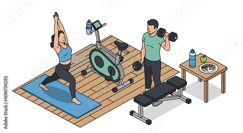 Isometric illustration of an active couple enjoying a varied home workout routine with yoga and weight training