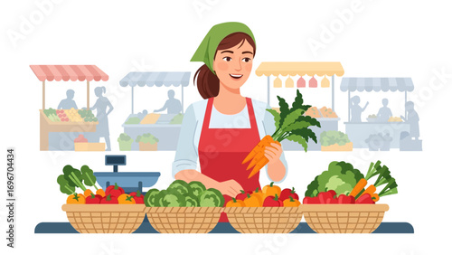 Fresh Harvest: A cheerful vendor proudly displays fresh, colorful vegetables at an outdoor market, showcasing the vibrant bounty of a farmer's produce.