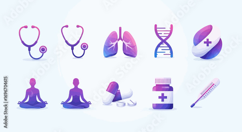 Collection of modern medical and healthcare icons with gradient design, featuring stethoscope, lungs, DNA, and yoga symbols. Vector illustration set for wellness and science concepts
