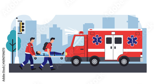 Two paramedics in uniform urgently transport an injured person on a gurney to an ambulance on a city street