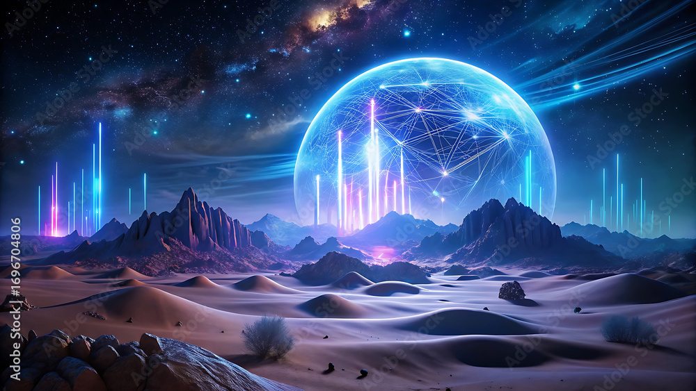 Obraz premium Surreal glowing holographic desert graph under night sky futuristic finance hologram stock design 