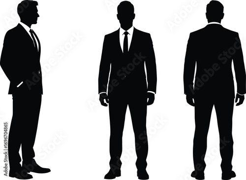 Businessman Silhouette Vector in Formal Suit from Front, Back and Side View for Corporate, Office, and Professional Presentation Design