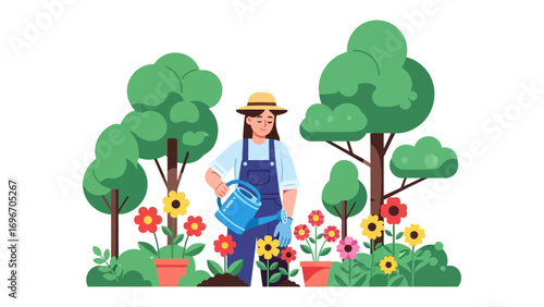 Nurturing the Blooming Paradise: A cheerful gardener tends to a vibrant flower garden, bringing the joy of growth and nature's colors to life through the use of watering can.