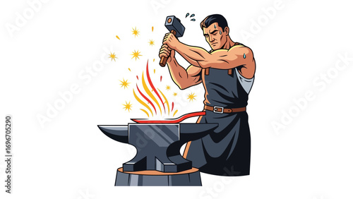 Forge Master: A determined blacksmith, muscles bulging with effort, focuses intently as he strikes red-hot metal with a mighty hammer, sparks flying around the anvil, embodying skill, craftsmanship.