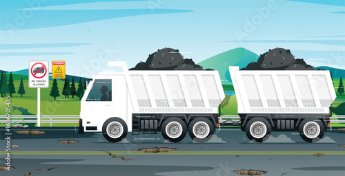 Trucks violate the prohibition signs and damage the road.