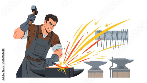 Artisan's Forge: An illustration showcases an artisan meticulously crafting metal in a dynamic display of skill, precision, and raw power.