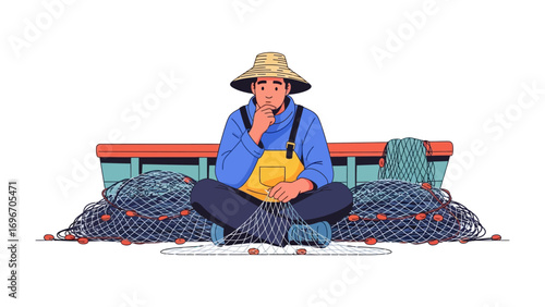 contemplation of the Ocean: A pensive fisherman sits surrounded by his nets, lost in thought, his expression a blend of curiosity and focus. Illustrating the thoughtful calm.