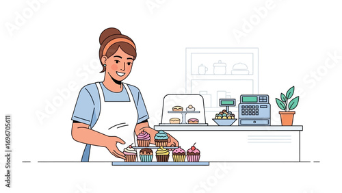 Pastry Presentation: A smiling baker arranging an array of colorful cupcakes on the counter in a delightful pastry shop setting.