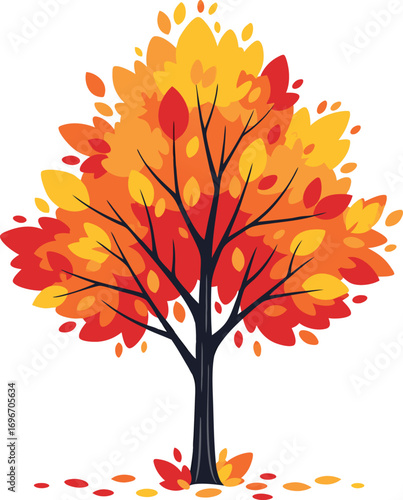 Autumn Season Tree Illustration with Vibrant Red, Orange, and Yellow Foliage for Seasonal Nature Design