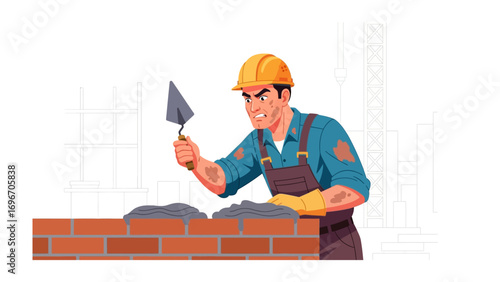 Bricklaying Endeavor: A construction worker, clad in safety attire and wielding a trowel, meticulously crafts a brick wall in a studio setting, capturing the grit and dedication of building.