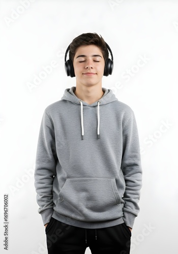 Relaxed young man in gray hoodie wearing headphones with eyes closed, music listening and audio entertainment concept