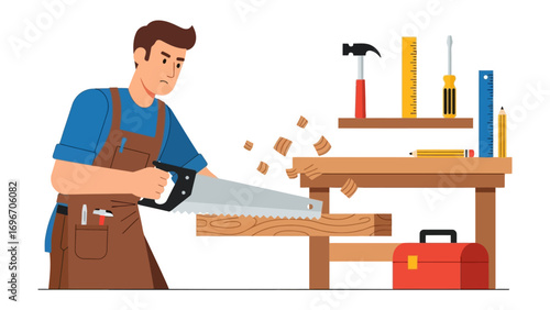 Crafting with Precision: A skilled carpenter intently uses a saw to cut through wood in a vibrant, flat illustration. Focus is on detail, showing the craft and its tools