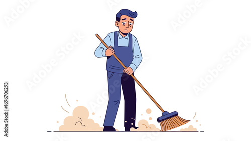 Janitor at Work: An illustration captures a janitor in deep concentration as he meticulously sweeps the floor, embodying dedication to the cleanliness of the surrounding.