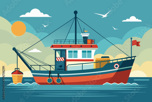 A vibrant, stylized illustration of a fishing boat navigating calm waters.