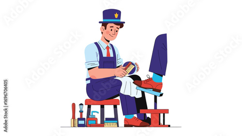 Polished Elegance: A skilled shoe shiner meticulously tends to a gentleman's footwear, epitomizing craftsmanship and attention to detail with a touch of vintage flair. 