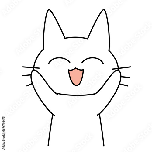 万歳して大喜びする白猫キャラクターのイラスト