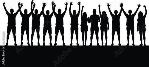 Silhouette of cheering crowd with raised hands on stage, celebrating unity, support, excitement, teamwork and success – vector illustration.
