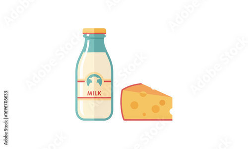 Flat Design Illustration of Milk Bottle and Cheese Wedge.