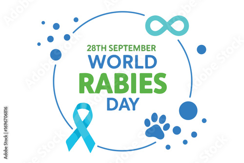 World rabies day celebration graphic with blue ribbon and paw print isolated on white background