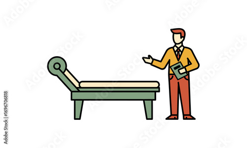 Illustrated male therapist gesturing, holding a book, standing by a green therapy couch.