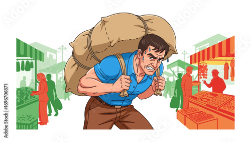 Burdened labor in marketplace : A robust figure navigates the bustling marketplace under the weight of a large sack. Illustrating the realities of labor, effort.
