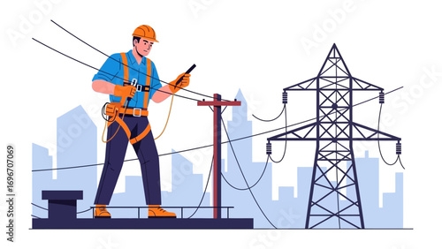 Energized Technician at Work: A skilled technician wearing safety gear meticulously inspects power lines, against the backdrop of an electricity pylon and the city skyline.