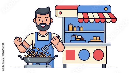 Street Food Vendor Illustration: A vibrant illustration capturing a smiling street food vendor, joyfully preparing delicious cuisine at a colorful food stand.
