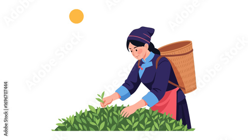 Harvesting Tea: A traditional tea harvester meticulously selects fresh tea leaves, showcasing a blend of cultural heritage, natural beauty, and the art of tea cultivation. 