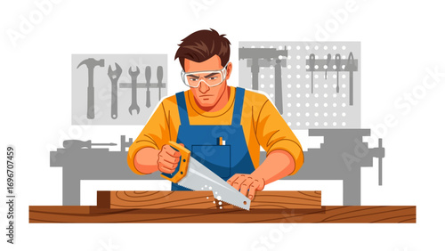 Crafting with Precision: A focused carpenter, with safety glasses, skillfully saws through a piece of wood in a workshop environment.