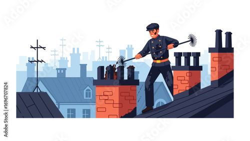 Rooftop Chimney Sweep at Work: A skilled chimney sweep, diligently cleans chimneys on a rooftop, a symbol of tradition and skilled craftsmanship in the heart of the city.