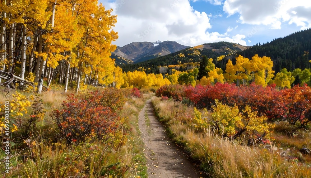 Naklejka premium A scenic autumnal path winds through a vibrant landscape of golden aspen trees and colorful fall foliage, leading to a backdrop of majestic mountains.