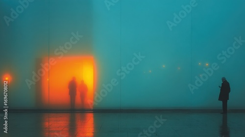 Conceptual Urban Scene with Silhouetted Figures and Vibrant Light Through Frosted Glass, Creating a Mystical Atmosphere of Connection and Isolation, Ideal for Technology, Future