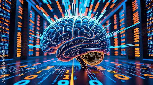 Conceptual illustration of a futuristic AI brain with data streams emanating from it, symbolizing artificial intelligence and digital transformation