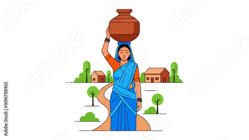 Indian woman carrying water pot: An illustrated Indian woman elegantly balancing a water pot atop her head, gracefully traversing a rural landscape. Depicting the culture.